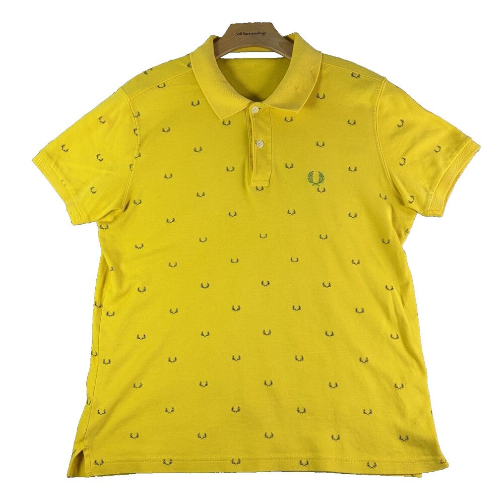 Fred Perry Polo Shirt Mens Yellow All Over Print Logo Short Sleeve Golf Preppy